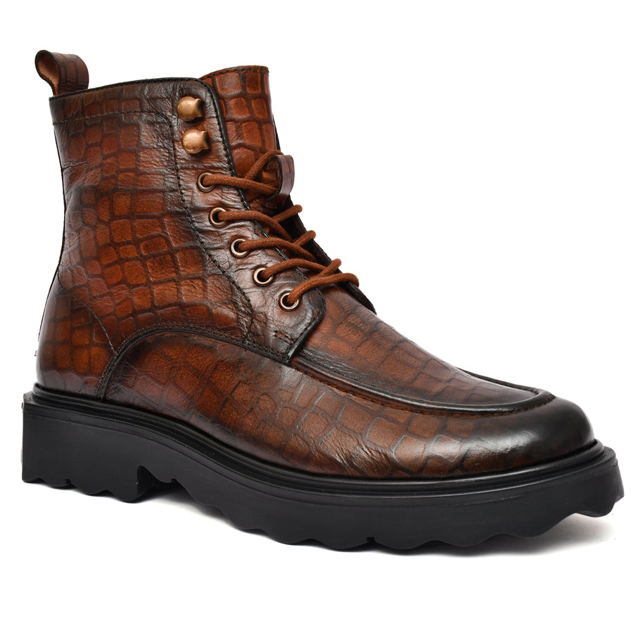 EZRO Men Tan Crocodile Texture Combat Boots | Premium Lace-Up Ankle Boots for Casual, Biker & Outdoor Wear