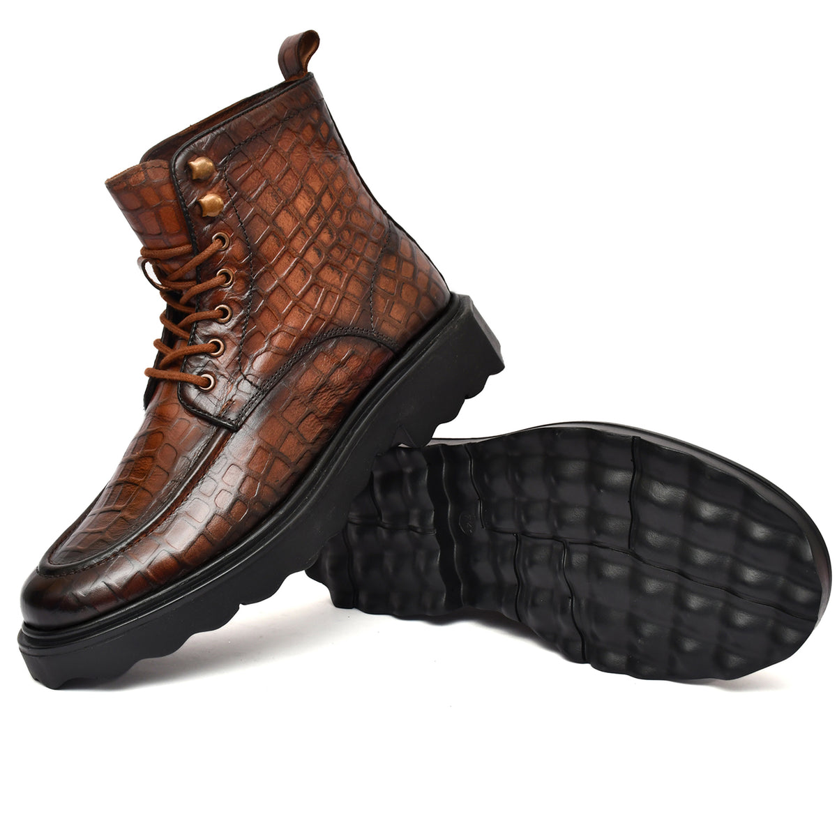 EZRO Men Tan Crocodile Texture Combat Boots | Premium Lace-Up Ankle Boots for Casual, Biker & Outdoor Wear