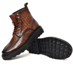 EZRO Men Tan Crocodile Texture Combat Boots | Premium Lace-Up Ankle Boots for Casual, Biker & Outdoor Wear