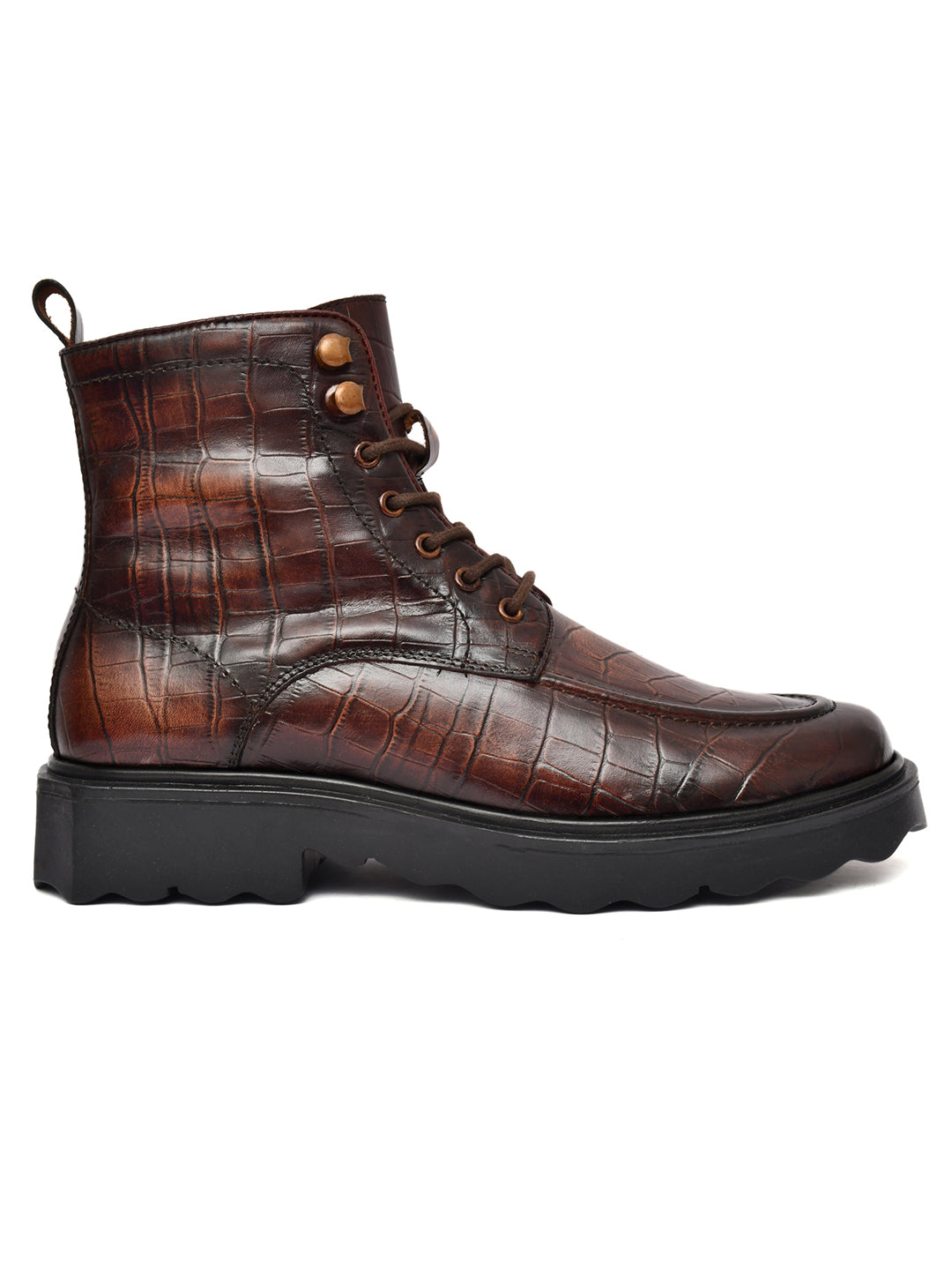EZRO Men Brown Crocodile Texture Combat Boots | Premium Lace-Up Ankle Boots for Casual, Biker & Outdoor Wear