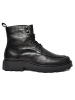 EZRO Men Black Crocodile Texture Combat Boots | Premium Lace-Up Ankle Boots for Casual, Biker & Outdoor Wear
