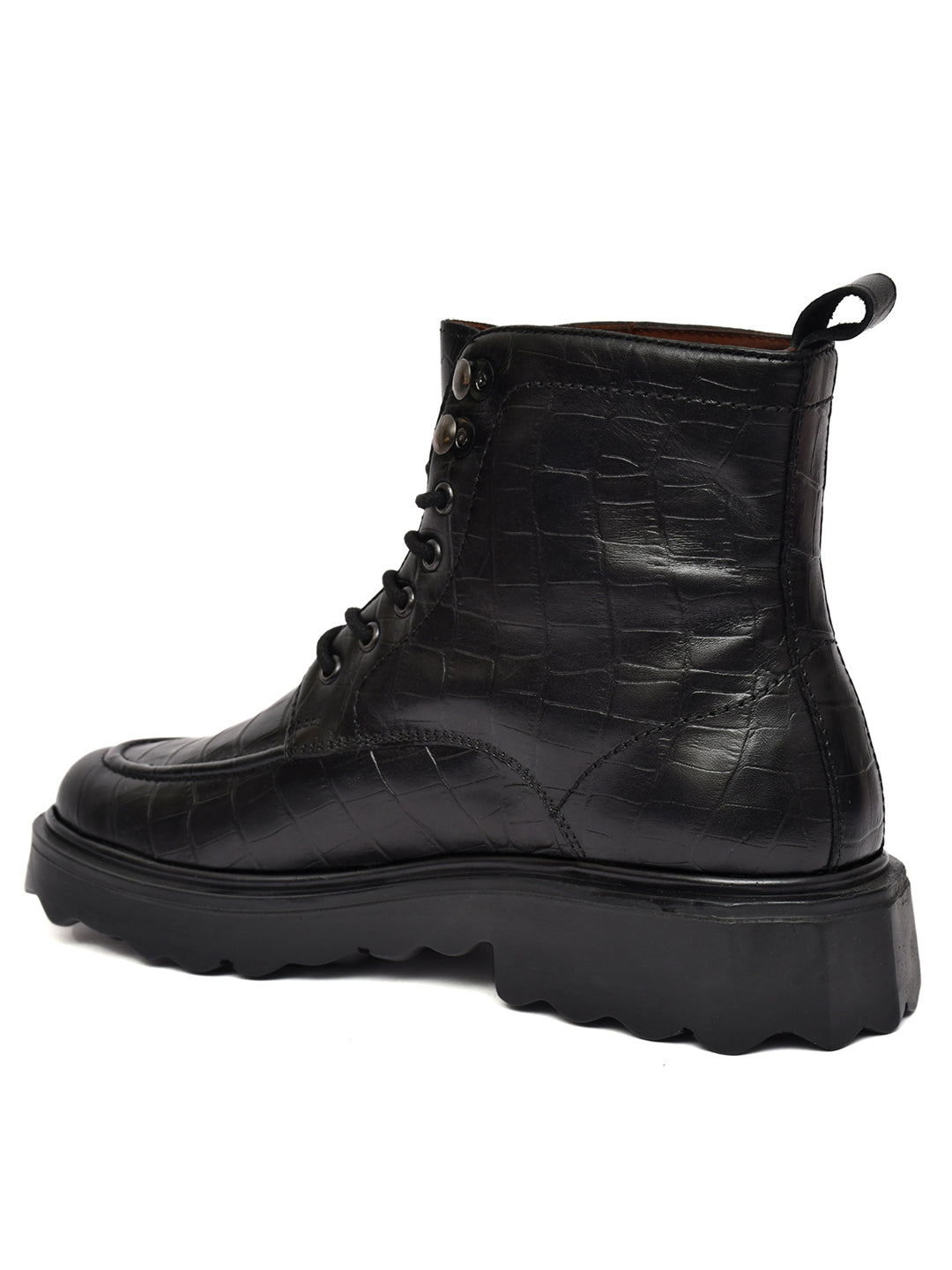 EZRO Men Black Crocodile Texture Combat Boots | Premium Lace-Up Ankle Boots for Casual, Biker & Outdoor Wear