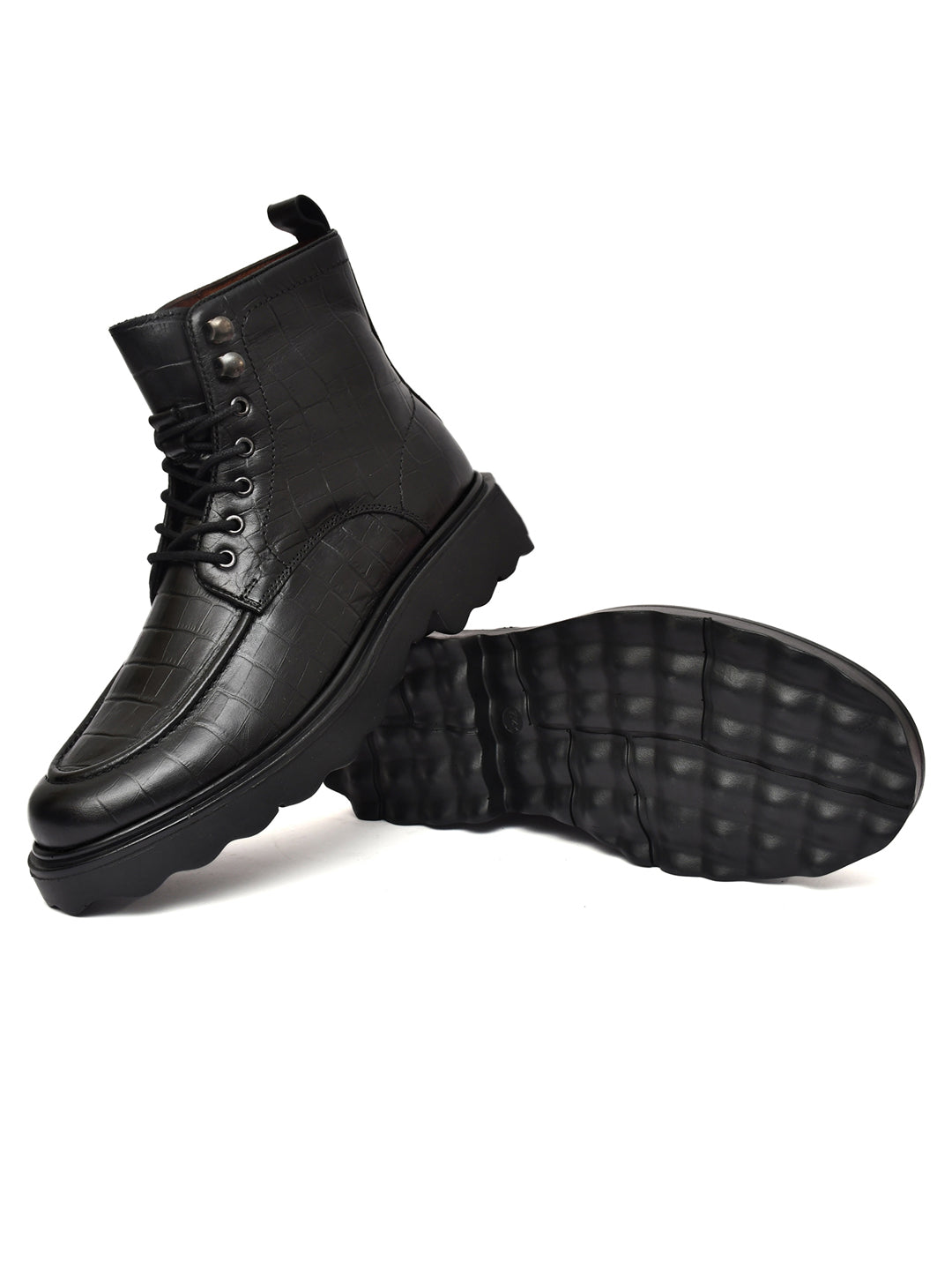EZRO Men Black Crocodile Texture Combat Boots | Premium Lace-Up Ankle Boots for Casual, Biker & Outdoor Wear