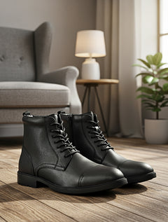 EZRO Men Black Ankle Boots | Stylish Lace-Up Boots with Side Zip