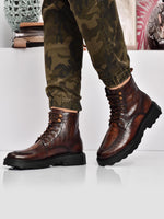 EZRO Men Brown Crocodile Texture Combat Boots | Premium Lace-Up Ankle Boots for Casual, Biker & Outdoor Wear