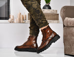 EZRO Men Tan Crocodile Texture Combat Boots | Premium Lace-Up Ankle Boots for Casual, Biker & Outdoor Wear