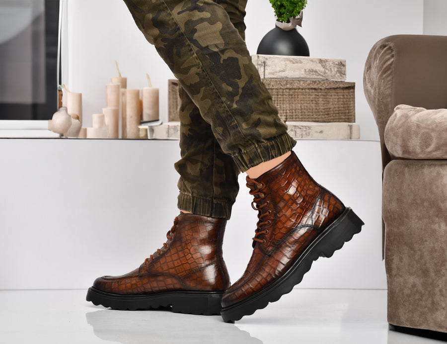 EZRO Men Tan Crocodile Texture Combat Boots | Premium Lace-Up Ankle Boots for Casual, Biker & Outdoor Wear