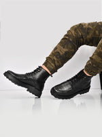 EZRO Men Black Crocodile Texture Combat Boots | Premium Lace-Up Ankle Boots for Casual, Biker & Outdoor Wear