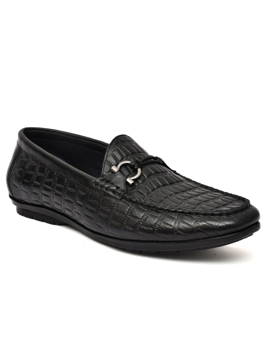 EZRO Men Black Crocodile Texture Horsebit Loafers | Premium Slip-On Formal & Casual Driving Shoes