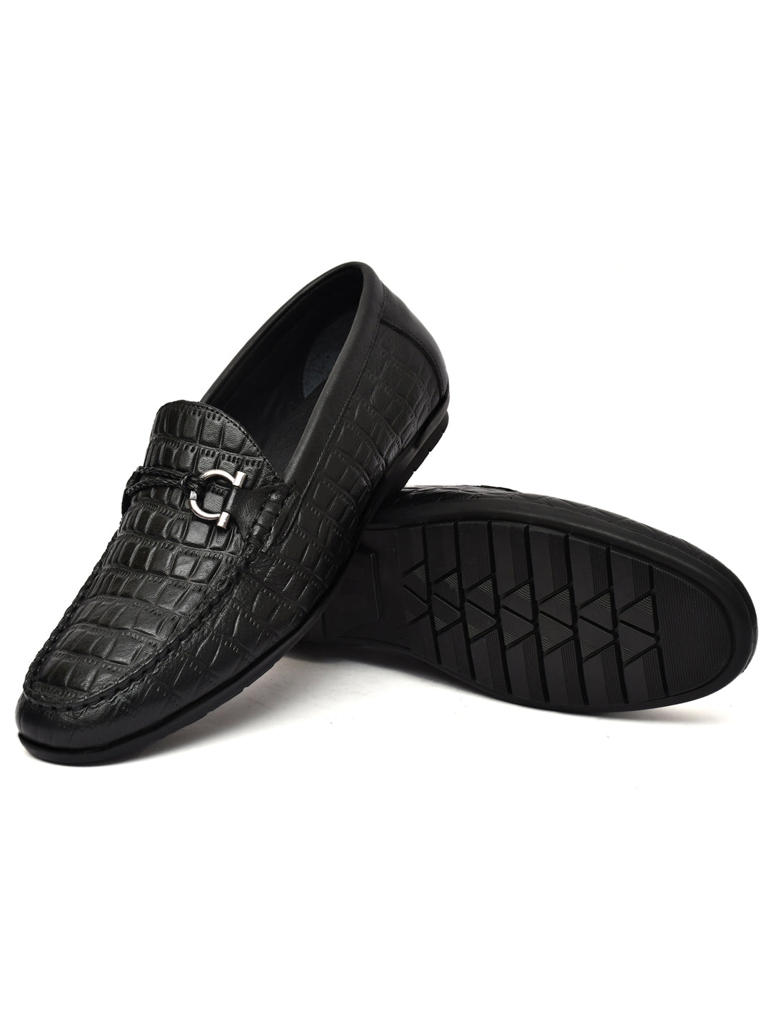 EZRO Men Black Crocodile Texture Horsebit Loafers | Premium Slip-On Formal & Casual Driving Shoes