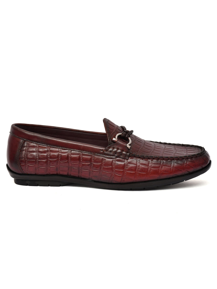 EZRO Men Wine Crocodile Texture Horsebit Loafers | Premium Slip-On Formal & Casual Driving Shoes