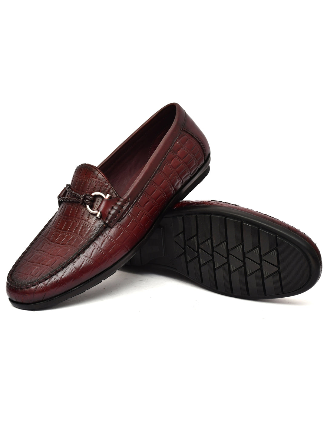 EZRO Men Wine Crocodile Texture Horsebit Loafers | Premium Slip-On Formal & Casual Driving Shoes