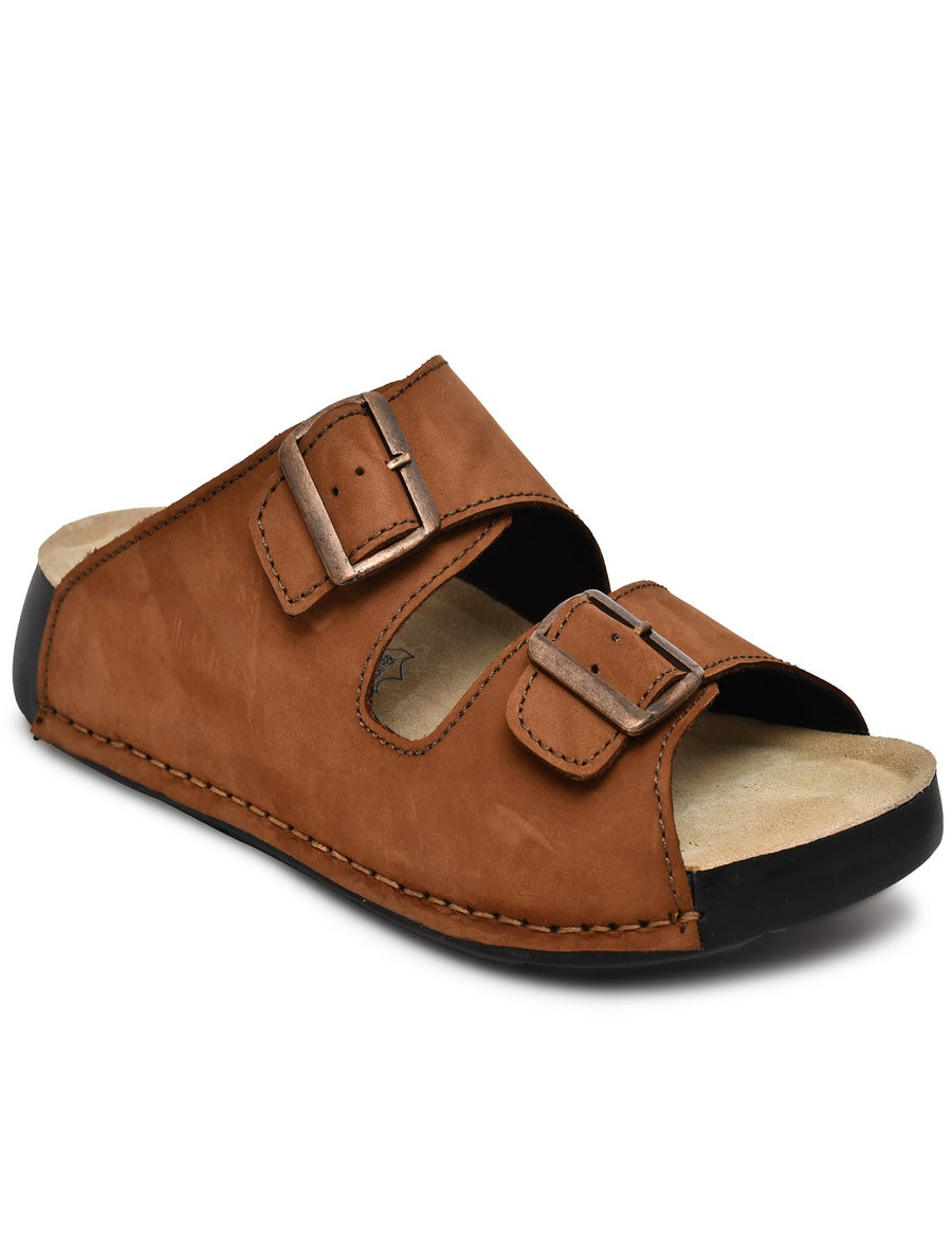 EZRO Men Tan Adjustable Double Buckle Comfort Slippers | Casual Open-Toe Slip-On Sandals