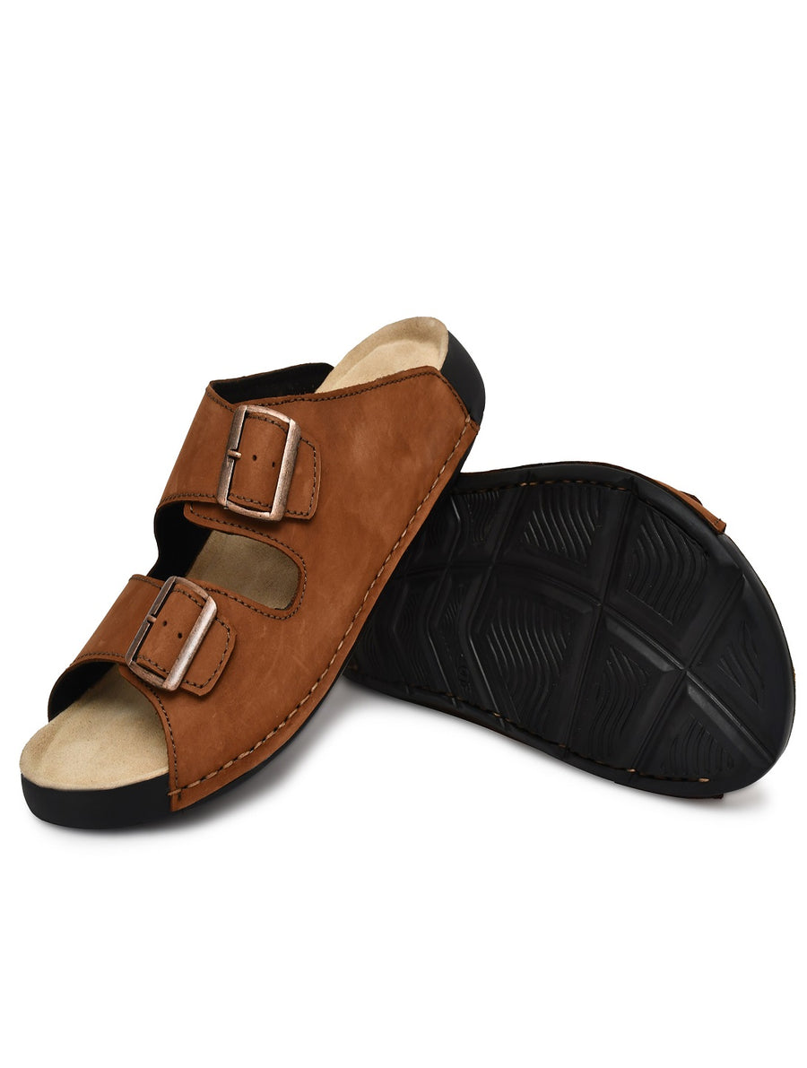 EZRO Men Tan Adjustable Double Buckle Comfort Slippers | Casual Open-Toe Slip-On Sandals