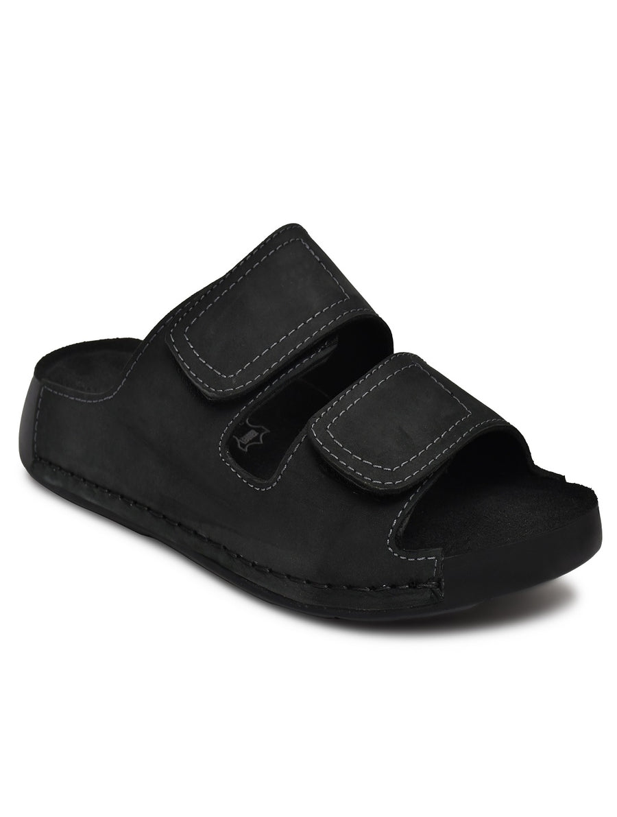 EZRO Men Black Adjustable Comfort Slippers | Premium Dual Strap Casual Slide Slippers for Indoor & Outdoor Wear
