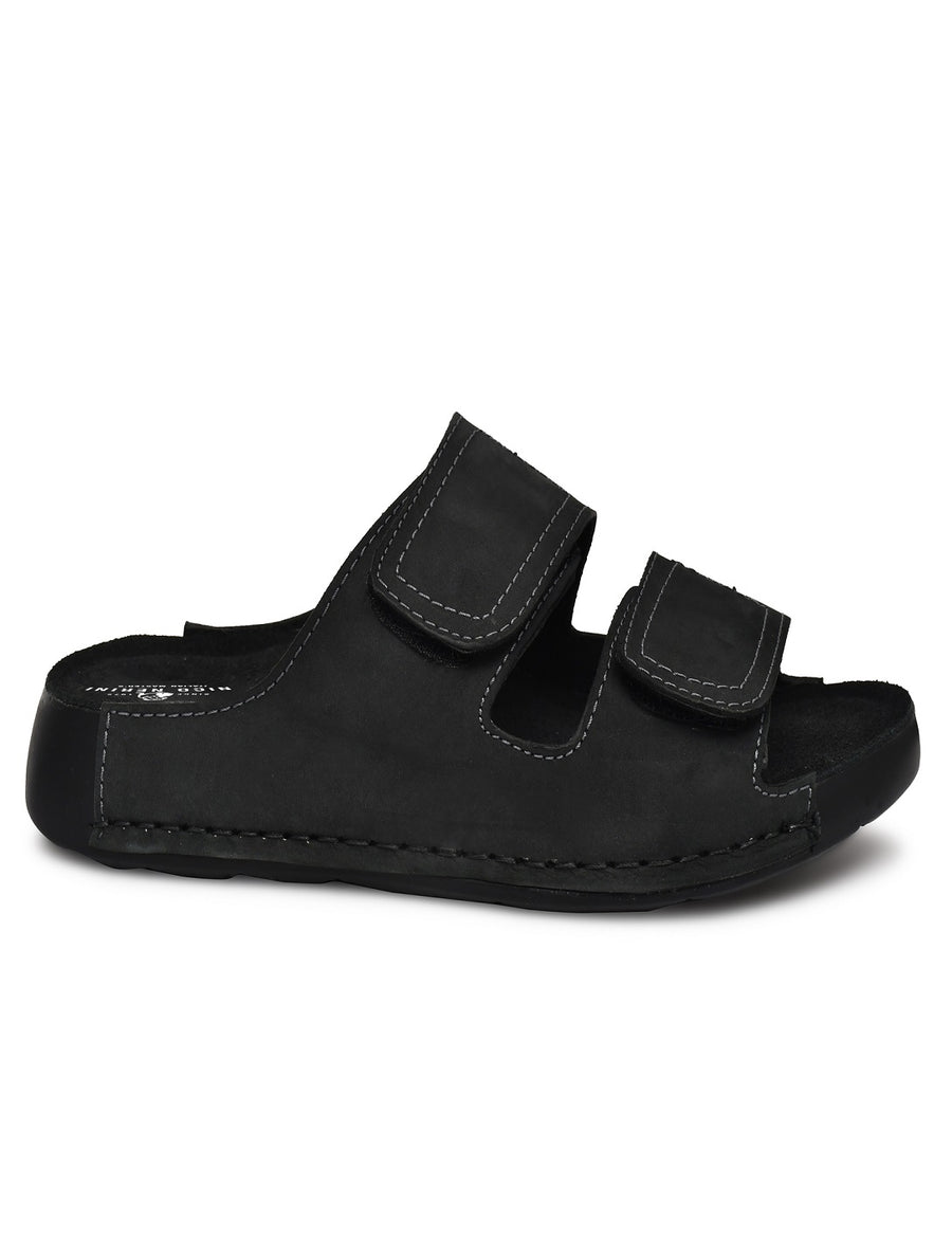 EZRO Men Black Adjustable Comfort Slippers | Premium Dual Strap Casual Slide Slippers for Indoor & Outdoor Wear