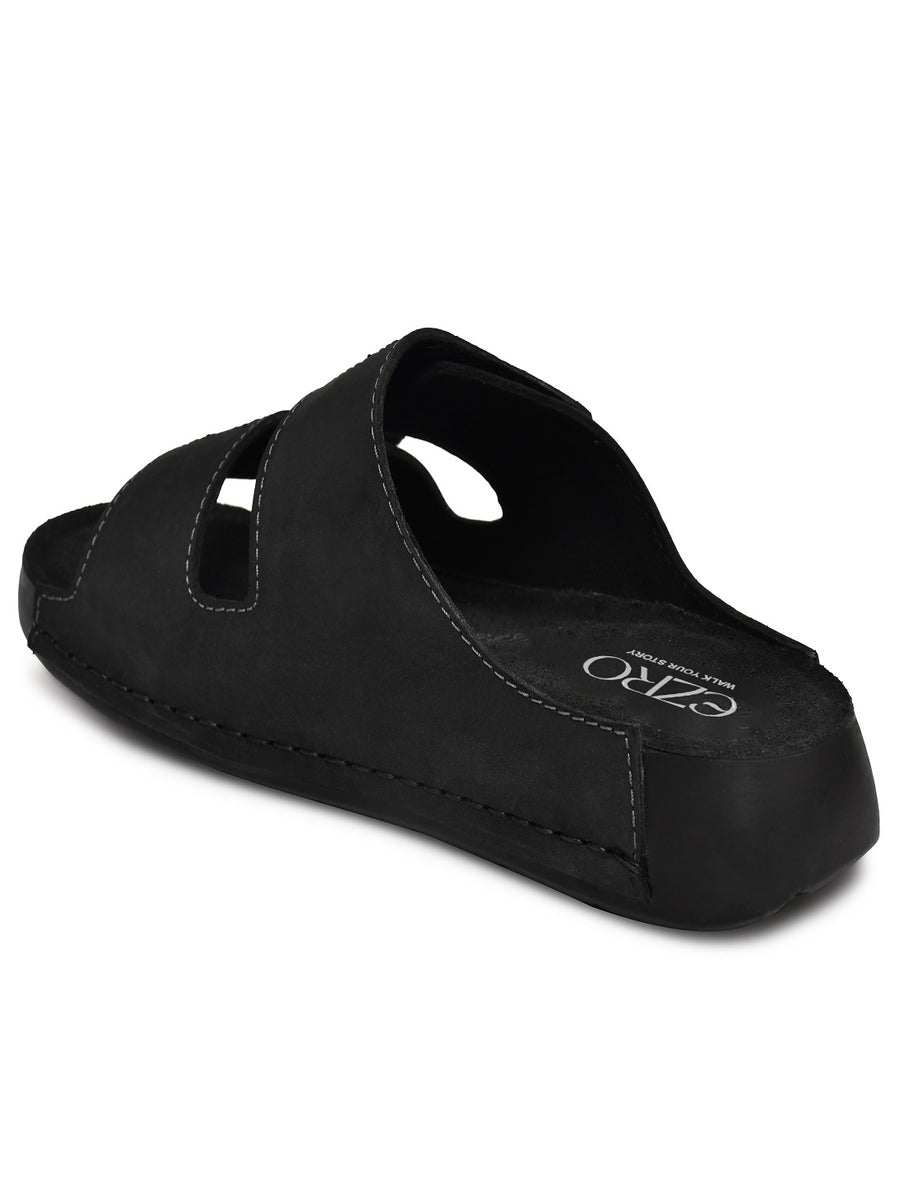 EZRO Men Black Adjustable Comfort Slippers | Premium Dual Strap Casual Slide Slippers for Indoor & Outdoor Wear