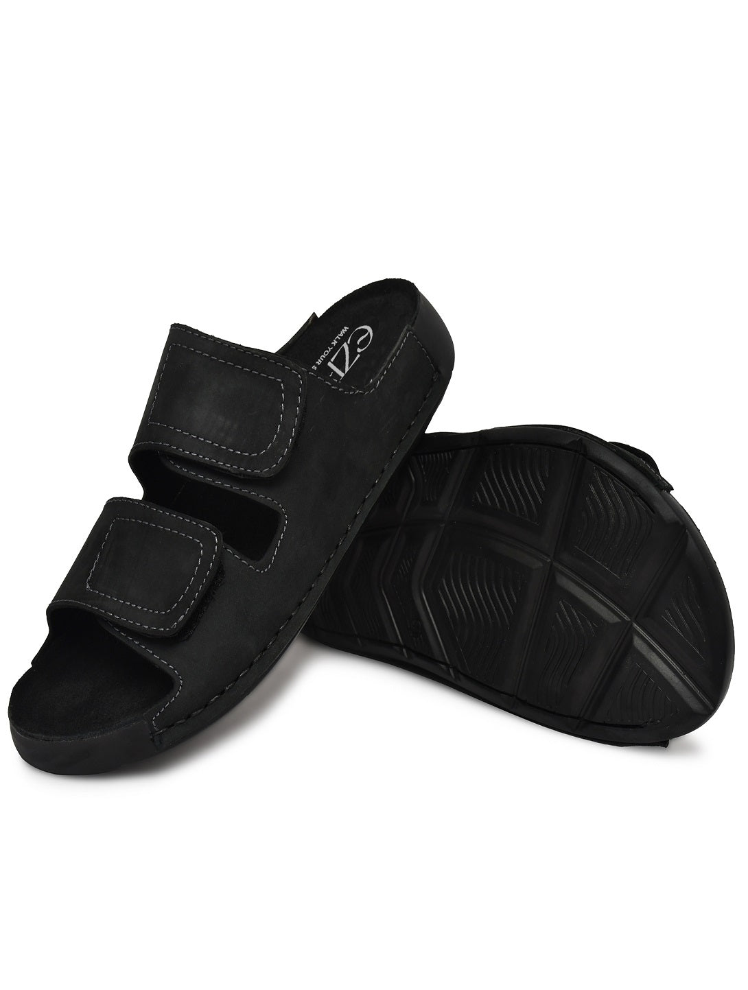 EZRO Men Black Adjustable Comfort Slippers | Premium Dual Strap Casual Slide Slippers for Indoor & Outdoor Wear