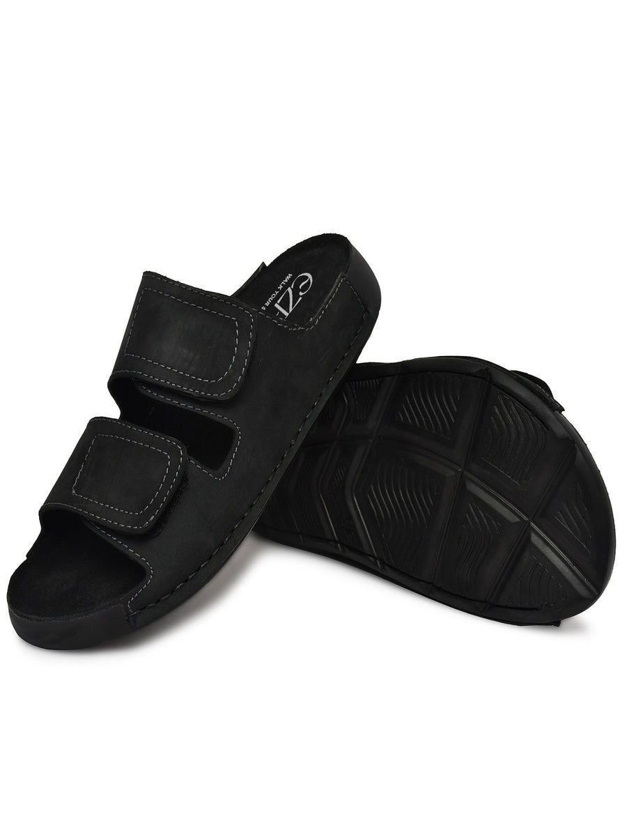 EZRO Men Black Adjustable Comfort Slippers | Premium Dual Strap Casual Slide Slippers for Indoor & Outdoor Wear