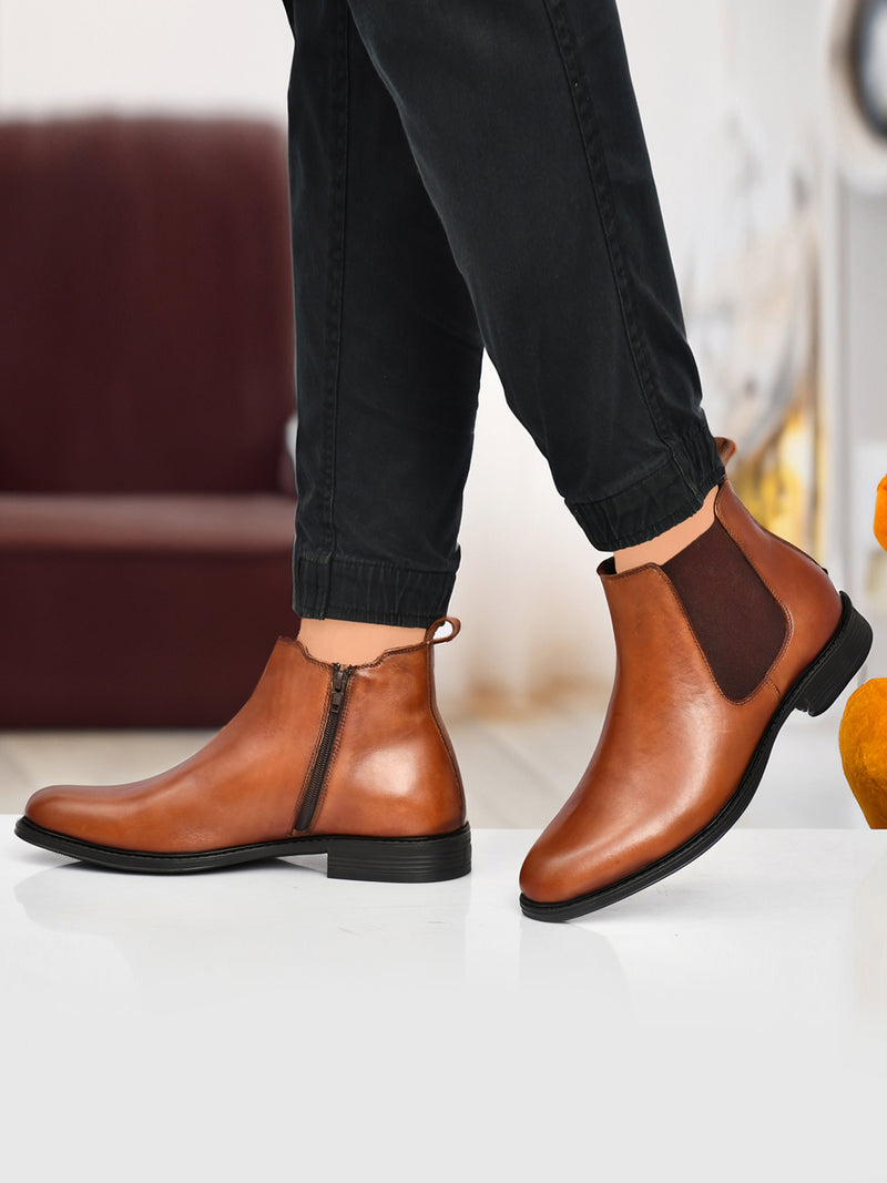 EZRO Men Tan Chelsea Boots | Premium Leather Slip-On Ankle Boots for Formal, Office & Casual Wear