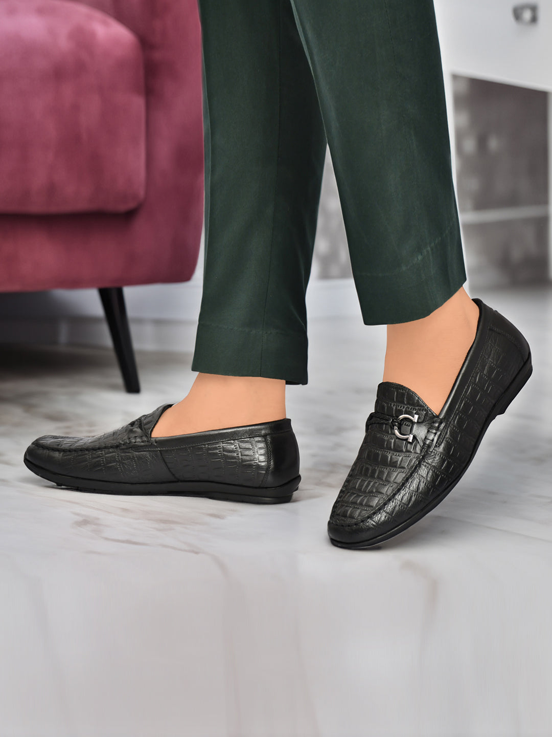 EZRO Men Black Crocodile Texture Horsebit Loafers | Premium Slip-On Formal & Casual Driving Shoes