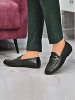 EZRO Men Black Crocodile Texture Horsebit Loafers | Premium Slip-On Formal & Casual Driving Shoes