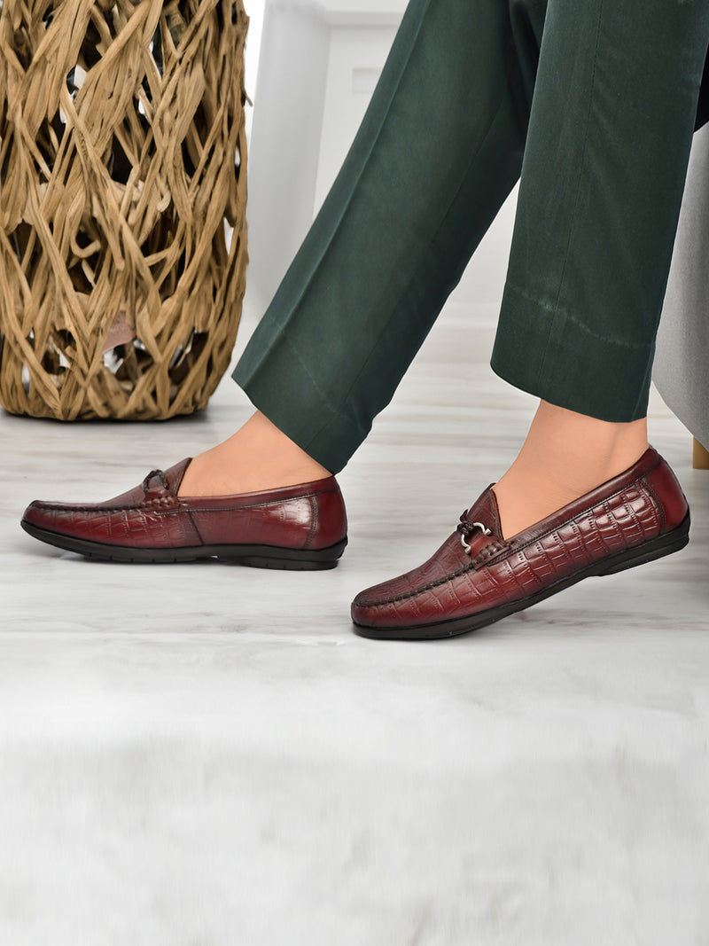 EZRO Men Wine Crocodile Texture Horsebit Loafers | Premium Slip-On Formal & Casual Driving Shoes
