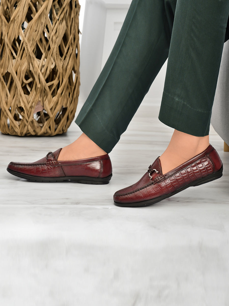EZRO Men Wine Crocodile Texture Horsebit Loafers | Premium Slip-On Formal & Casual Driving Shoes