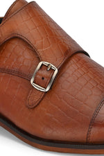 EZRO Men's Tan Double Monk Strap Formal Shoes | Croc Texture Leather Dress Shoes for Office & Wedding