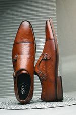 EZRO Men's Tan Double Monk Strap Formal Shoes | Croc Texture Leather Dress Shoes for Office & Wedding