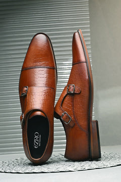 EZRO Men Tan Double Monk Strap Formal Shoes | Croc Texture Leather Dress Shoes for Office & Wedding