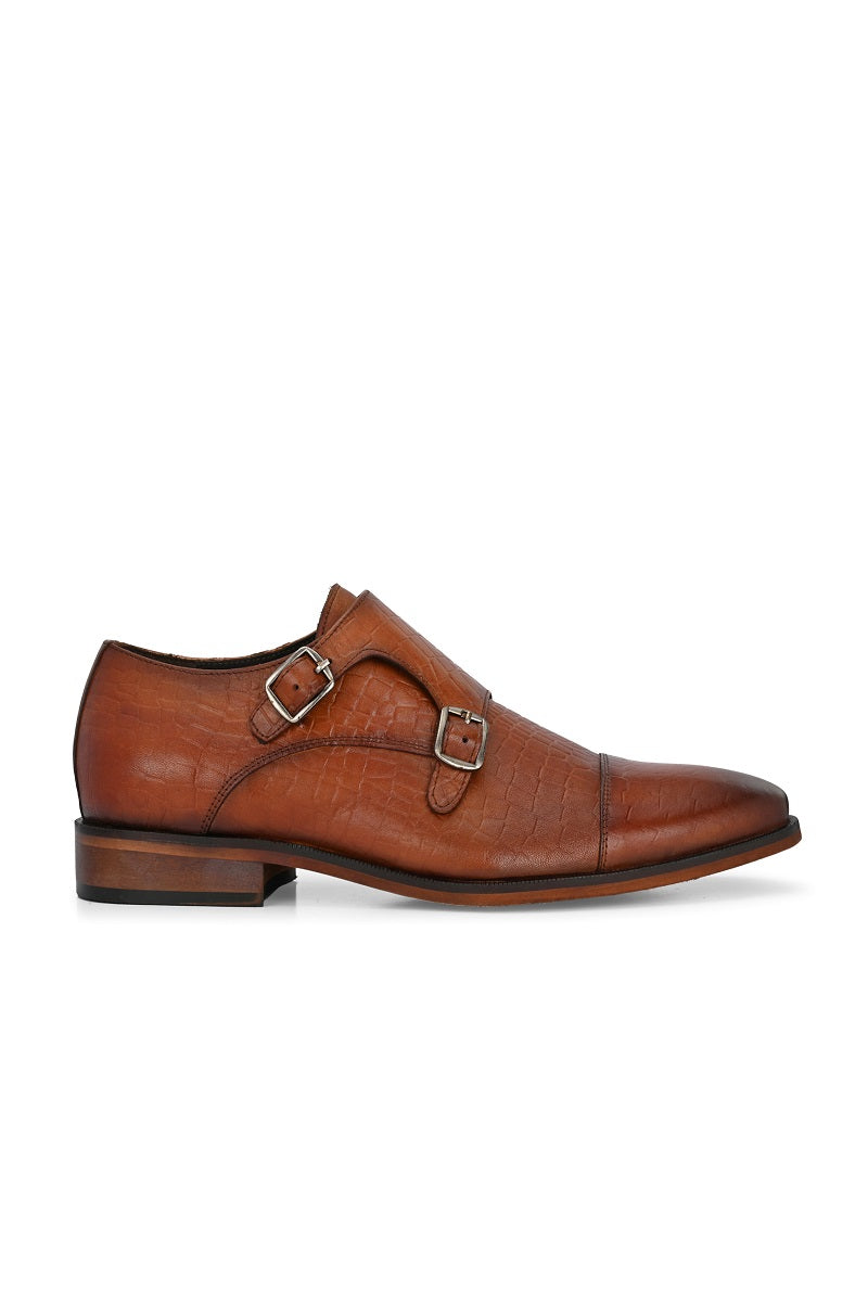 EZRO Men's Tan Double Monk Strap Formal Shoes | Croc Texture Leather Dress Shoes for Office & Wedding