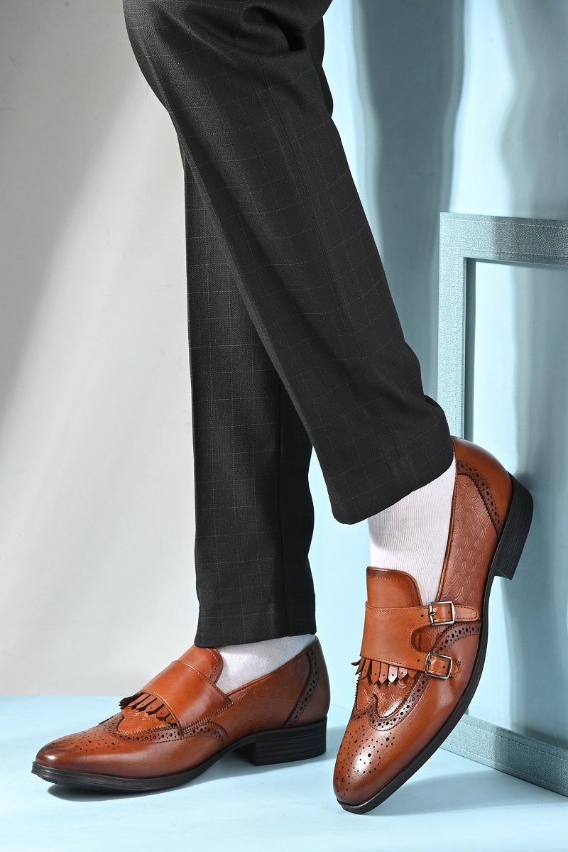 EZRO Men Tan Double Monk Strap Brogue Dress Shoes with Kiltie Fringe