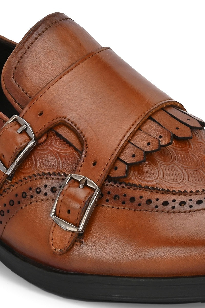 EZRO Men Tan Double Monk Strap Brogue Dress Shoes with Kiltie Fringe