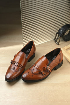 EZRO Men Tan Double Monk Strap Brogue Dress Shoes with Kiltie Fringe