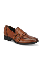 EZRO Men Tan Double Monk Strap Brogue Dress Shoes with Kiltie Fringe
