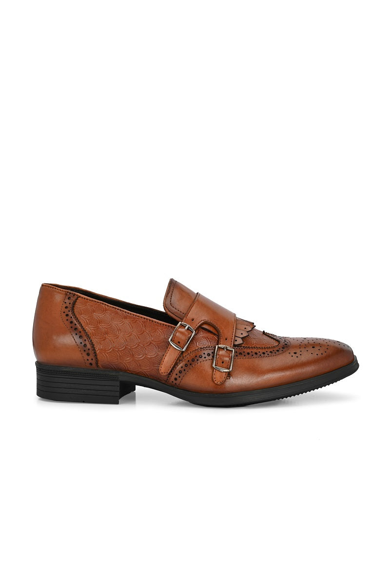 EZRO Men Tan Double Monk Strap Brogue Dress Shoes with Kiltie Fringe