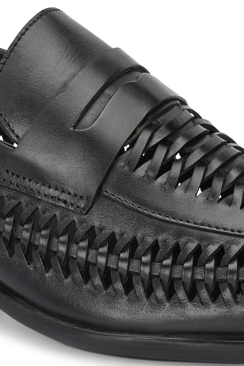EZRO Men Premium Handwoven Black Leather Penny Loafers | Classic Slip-On Formal Shoes