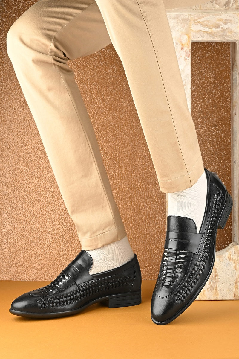 EZRO Men Premium Handwoven Black Leather Penny Loafers | Classic Slip-On Formal Shoes