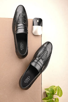 EZRO Men Premium Handwoven Black Leather Penny Loafers | Classic Slip-On Formal Shoes