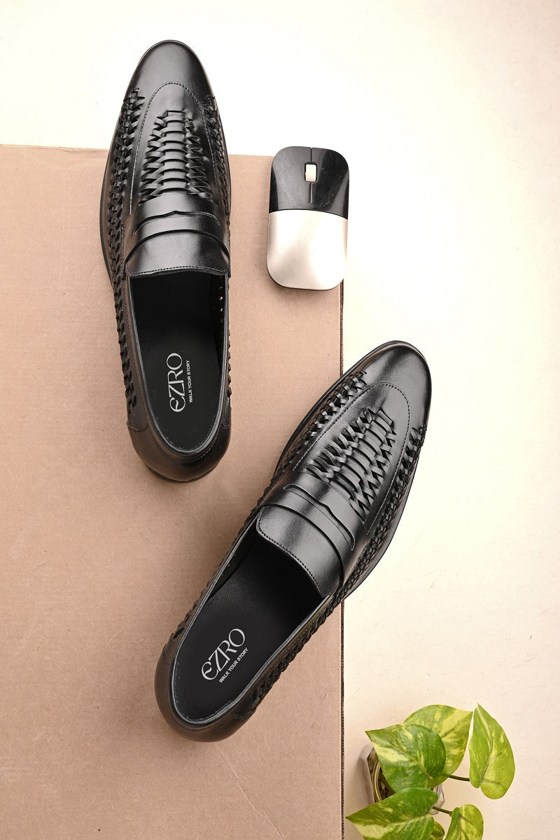 EZRO Men Premium Handwoven Black Leather Penny Loafers | Classic Slip-On Formal Shoes