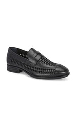 EZRO Men Premium Handwoven Black Leather Penny Loafers | Classic Slip-On Formal Shoes