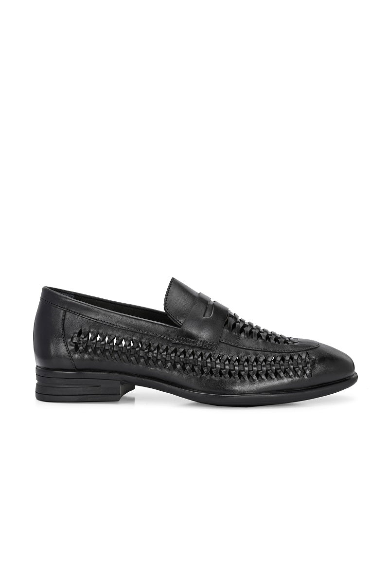 EZRO Men Premium Handwoven Black Leather Penny Loafers | Classic Slip-On Formal Shoes