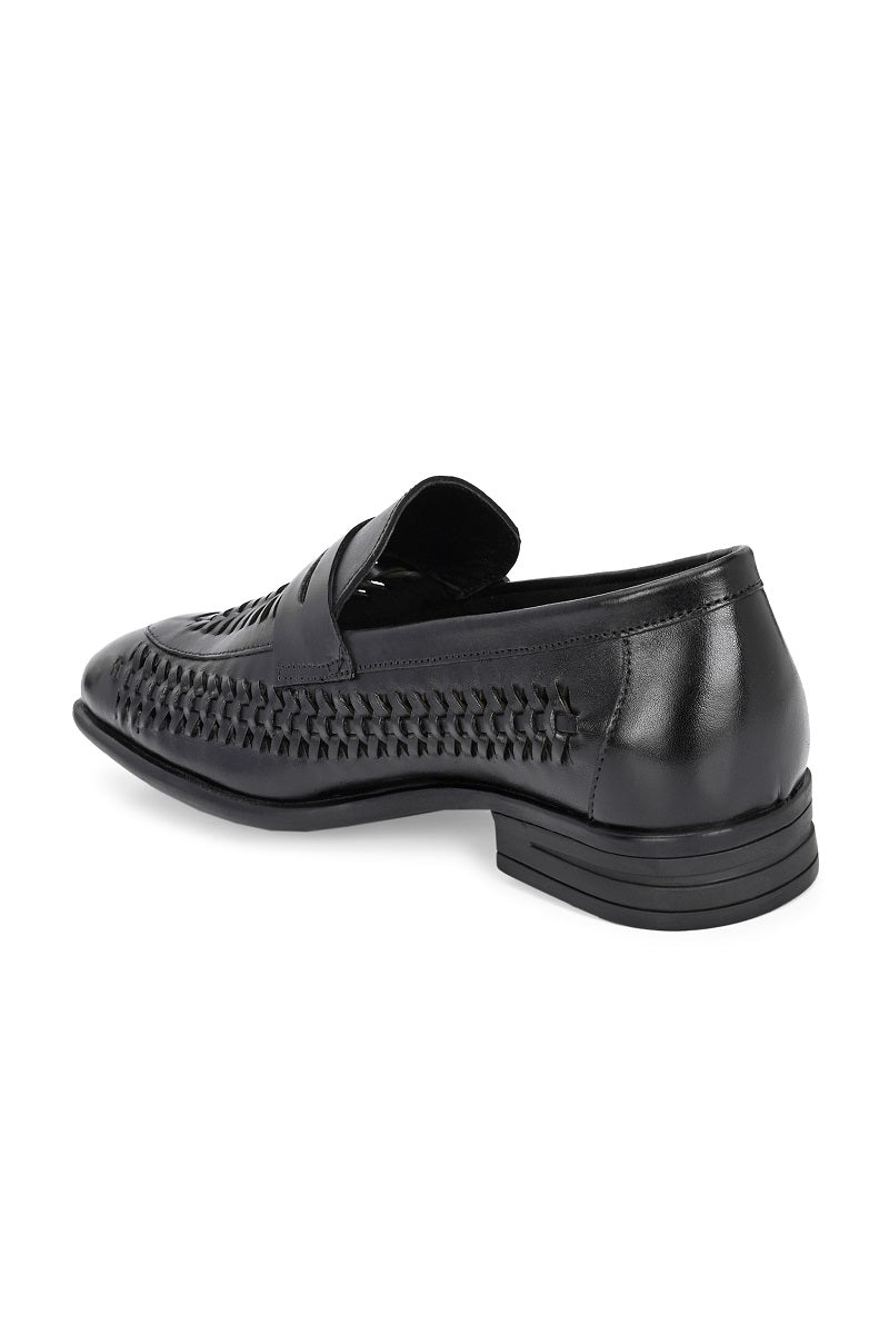 EZRO Men Premium Handwoven Black Leather Penny Loafers | Classic Slip-On Formal Shoes