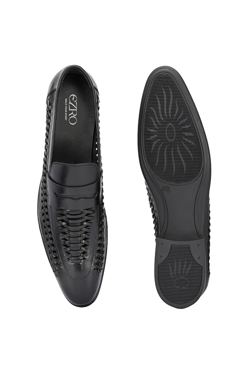 EZRO Men Premium Handwoven Black Leather Penny Loafers | Classic Slip-On Formal Shoes