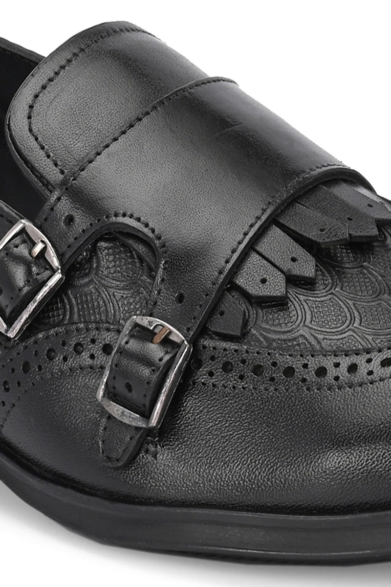 EZRO Men Black Double Monk Strap Brogue Dress Shoes with Kiltie Fringe