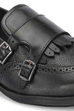 EZRO Men Black Double Monk Strap Brogue Dress Shoes with Kiltie Fringe