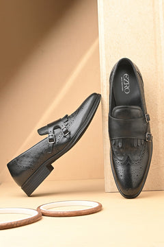 EZRO Men Black Double Monk Strap Brogue Dress Shoes with Kiltie Fringe