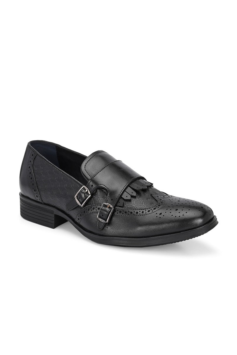 EZRO Men Black Double Monk Strap Brogue Dress Shoes with Kiltie Fringe