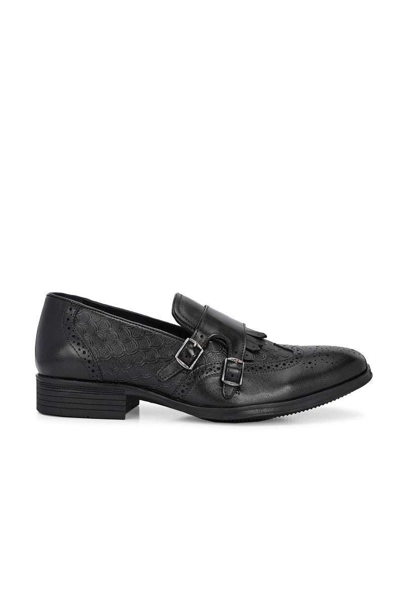 EZRO Men Black Double Monk Strap Brogue Dress Shoes with Kiltie Fringe